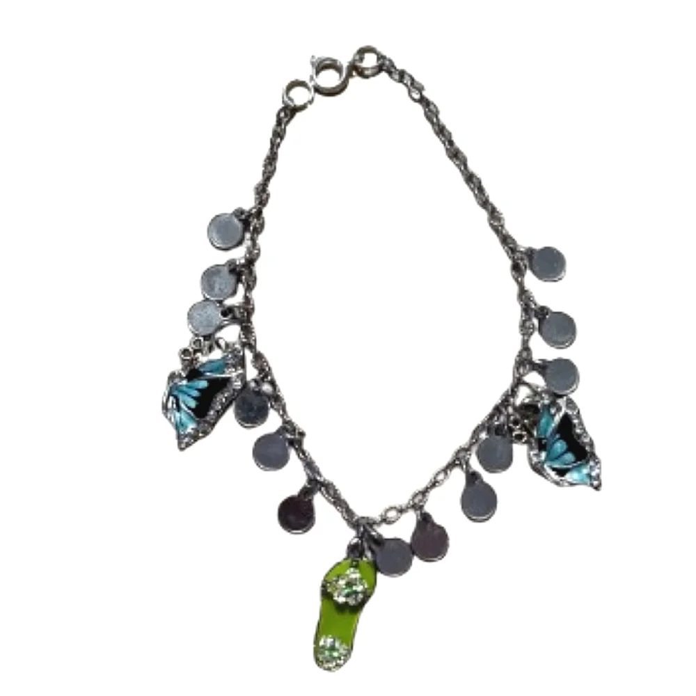 Elegant Silver and Blue Rhinestone Butterfly & Green Flip-flop Charm Bracelet
